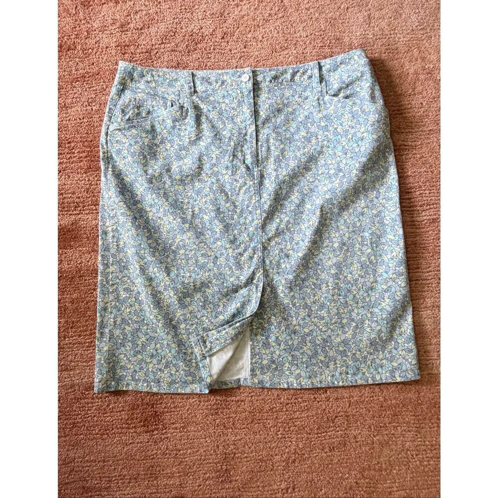 Talbots Floral Print Stretch Skirt Size 18 Pastel Blue Green Cotton Blend